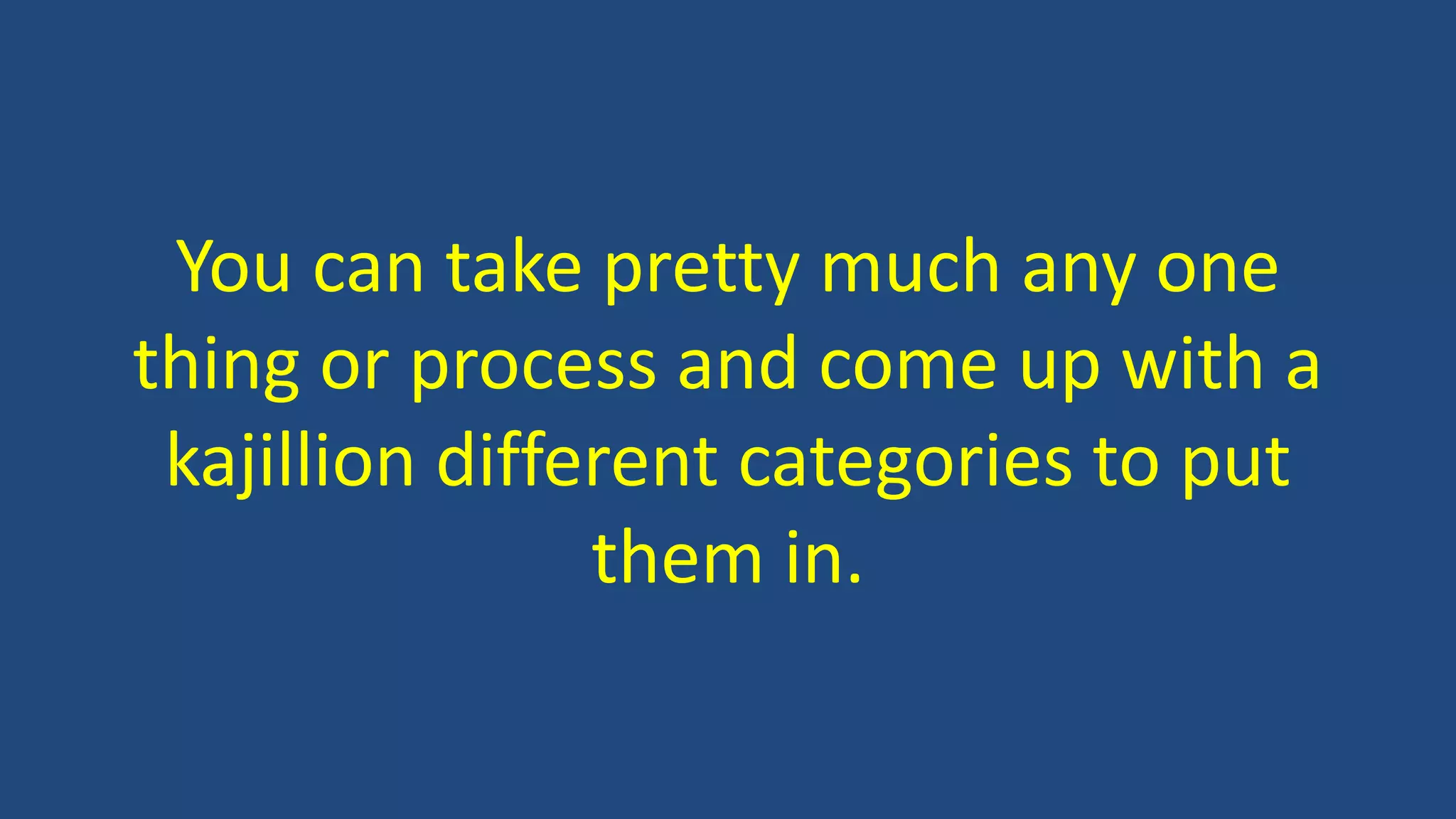 You can take pretty much any one
thing or process and come up with a
kajillion different categories to put
them in.
 