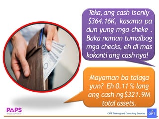 Teka,ang cash isonly
$364.16K, kasama pa
dun yung mga cheke .
Baka naman tumalbog
mga checks, eh di mas
kokonti ang cashnya!
Mayaman ba talaga
yun? Eh 0.11 % lang
ang cash ng$321.9M
total assets.
 
