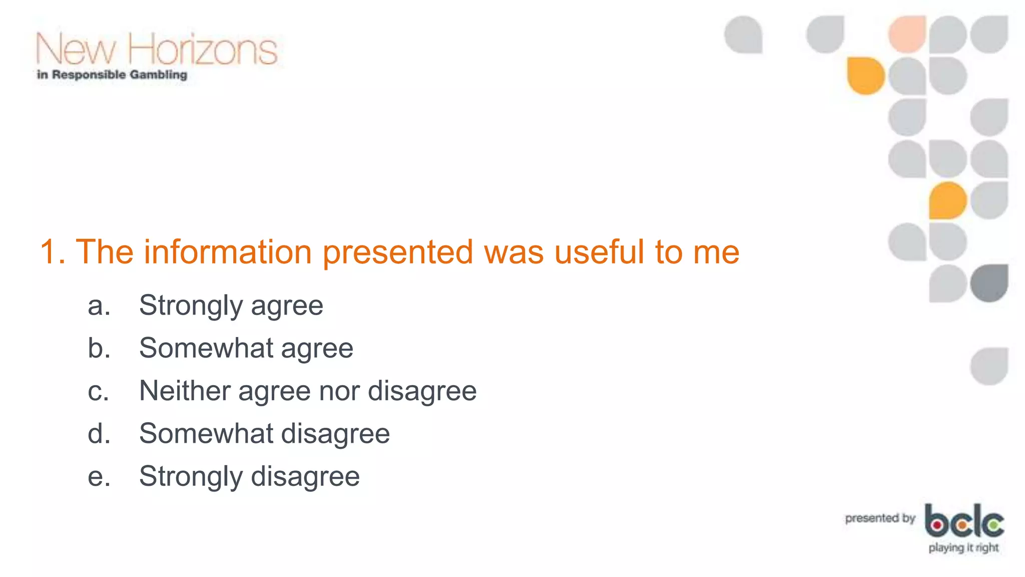 1. The information presented was useful to me
a.
b.
c.
d.
e.

Strongly agree
Somewhat agree
Neither agree nor disagree
Somewhat disagree
Strongly disagree

 