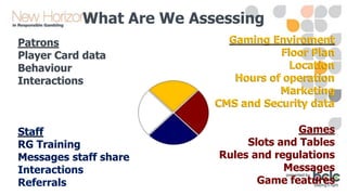 What Are We Assessing
Patrons
Player Card data
Behaviour
Interactions

Staff
RG Training
Messages staff share
Interactions
Referrals

Gaming Enviroment
Floor Plan
Location
Hours of operation
Marketing
CMS and Security data
Games
Slots and Tables
Rules and regulations
Messages
Game features

 