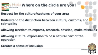 Where on the circle are you?
Respect for the culture/customs of your area
Understand the distinction between culture, customs, and
spirituality
Allowing freedom to express, research, develop, make mistakes
Allowing cultural expression to be a natural part of the
operation

Creates a sense of inclusion

 