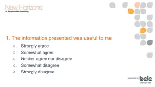 1. The information presented was useful to me
a.
b.
c.
d.
e.

Strongly agree
Somewhat agree
Neither agree nor disagree
Somewhat disagree
Strongly disagree

 