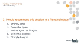 3. I would recommend this session to a friend/colleague
a.
b.
c.
d.
e.

Strongly agree
Somewhat agree
Neither agree nor disagree
Somewhat disagree
Strongly disagree

 