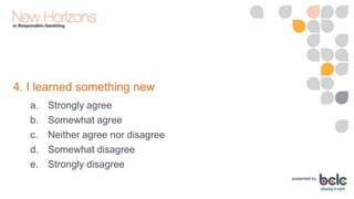 4. I learned something new
a.
b.
c.
d.
e.

Strongly agree
Somewhat agree
Neither agree nor disagree
Somewhat disagree
Strongly disagree

 