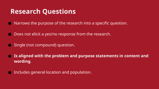 Research Questions
● Narrows the purpose of the research into a specific question.
● Does not elicit a yes/no response from the research.
● Single (not compound) question.
● Is aligned with the problem and purpose statements in content and
wording.
● Includes general location and population.
 
