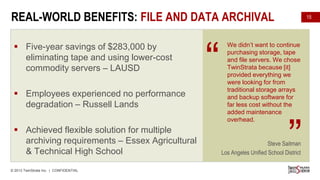 REAL-WORLD BENEFITS: FILE AND DATA ARCHIVAL
CHALLENGES

 Five-year savings of $283,000 by
eliminating tape and using lower-cost
commodity servers – LAUSD
SOLUTION

 Employees experienced no performance
degradation – Russell Lands
BENEFITS

 Achieved flexible solution for multiple
archiving requirements – Essex Agricultural
& Technical High School
© 2013 TwinStrata Inc. | CONFIDENTIAL

“

15

We didn’t want to continue
purchasing storage, tape
and file servers. We chose
TwinStrata because [it]
provided everything we
were looking for from
traditional storage arrays
and backup software for
far less cost without the
added maintenance
overhead.

”

Steve Saitman
Los Angeles Unified School District

 