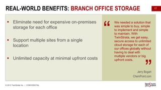 REAL-WORLD BENEFITS: BRANCH OFFICE STORAGE
CHALLENGES

 Eliminate need for expensive on-premises
storage for each office
SOLUTION
 Support multiple sites from a single
location

 Unlimited capacity at minimal upfront costs
BENEFITS

“

17

We needed a solution that
was simple to buy, simple
to implement and simple
to maintain. With
TwinStrata, we get easy,
secure access to unlimited
cloud storage for each of
our offices globally without
having to deal with
multiple vendors or big
upfront costs.

”

Jerry Bogart
ChemPoint.com
© 2013 TwinStrata Inc. | CONFIDENTIAL

 