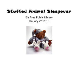 Stuffed Animal Sleepover
      Ela Area Public Library
         January 2nd 2013
 