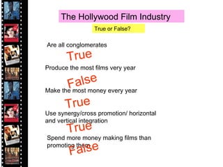 The Hollywood Film Industry Are all conglomerates Produce the most films very year Make the most money every year Use synergy/cross promotion/ horizontal and vertical integration Spend more money making films than promoting them True or False? True True True False False 