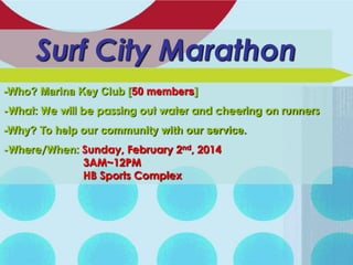 Surf City Marathon
-Who? Marina Key Club [50 members]
-What: We will be passing out water and cheering on runners
-Why? To help our community with our service.
-Where/When: Sunday, February 2nd, 2014
3AM~12PM
HB Sports Complex

 