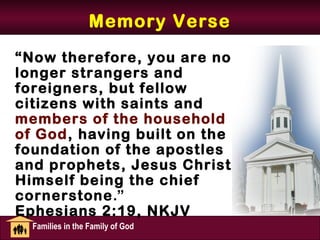 Memory Verse
“Now therefore, you are no
longer strangers and
foreigners, but fellow
citizens with saints and
members of the household
of God, having built on the
foundation of the apostles
and prophets, Jesus Christ
Himself being the chief
cornerstone.”
Ephesians 2:19, NKJV
  Families in the Family of God
 