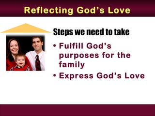 Reflecting God’s Love

     Steps we need to take
     • Fulfill God’s
       purposes for the
       family
     • Express God’s Love
 