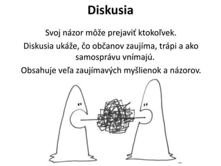Diskusia
Svoj nzor m??e prejavi? ktoko?vek.
Diskusia uk?e, ?o ob?anov zaujma, trpi a ako
samosprvu vnmaj.
Obsahuje ve?a zaujmav?ch my?lienok a nzorov.
 