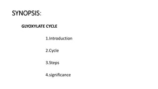 SYNOPSIS:
GLYOXYLATE CYCLE
1.Introduction
2.Cycle
3.Steps
4.significance
 