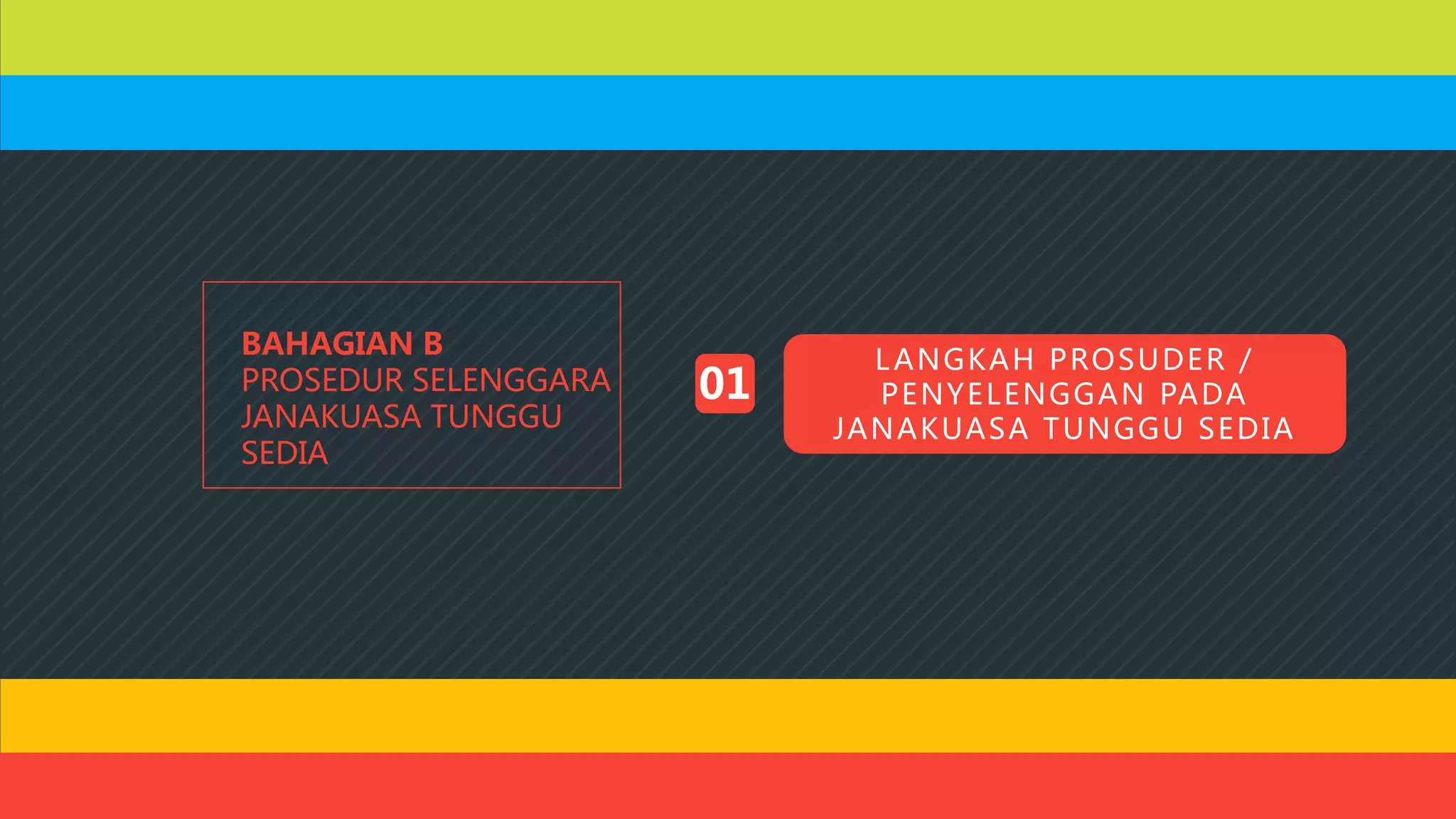 01
LANGKAH PROSUDER /
PENYELENGGAN PADA
JANAKUASA TUNGGU SEDIA
BAHAGIAN B
PROSEDUR SELENGGARA
JANAKUASA TUNGGU
SEDIA
 
