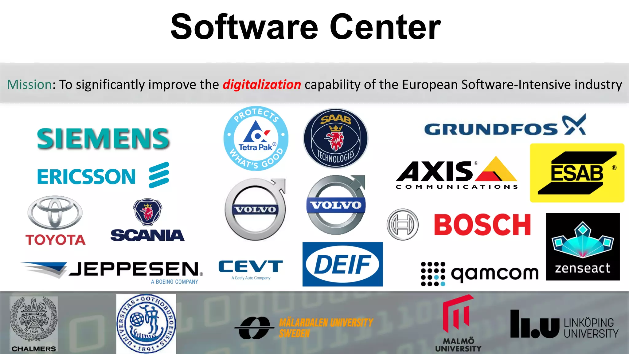 Software Center
Mission: To significantly improve the digitalization capability of the European Software-Intensive industry
 