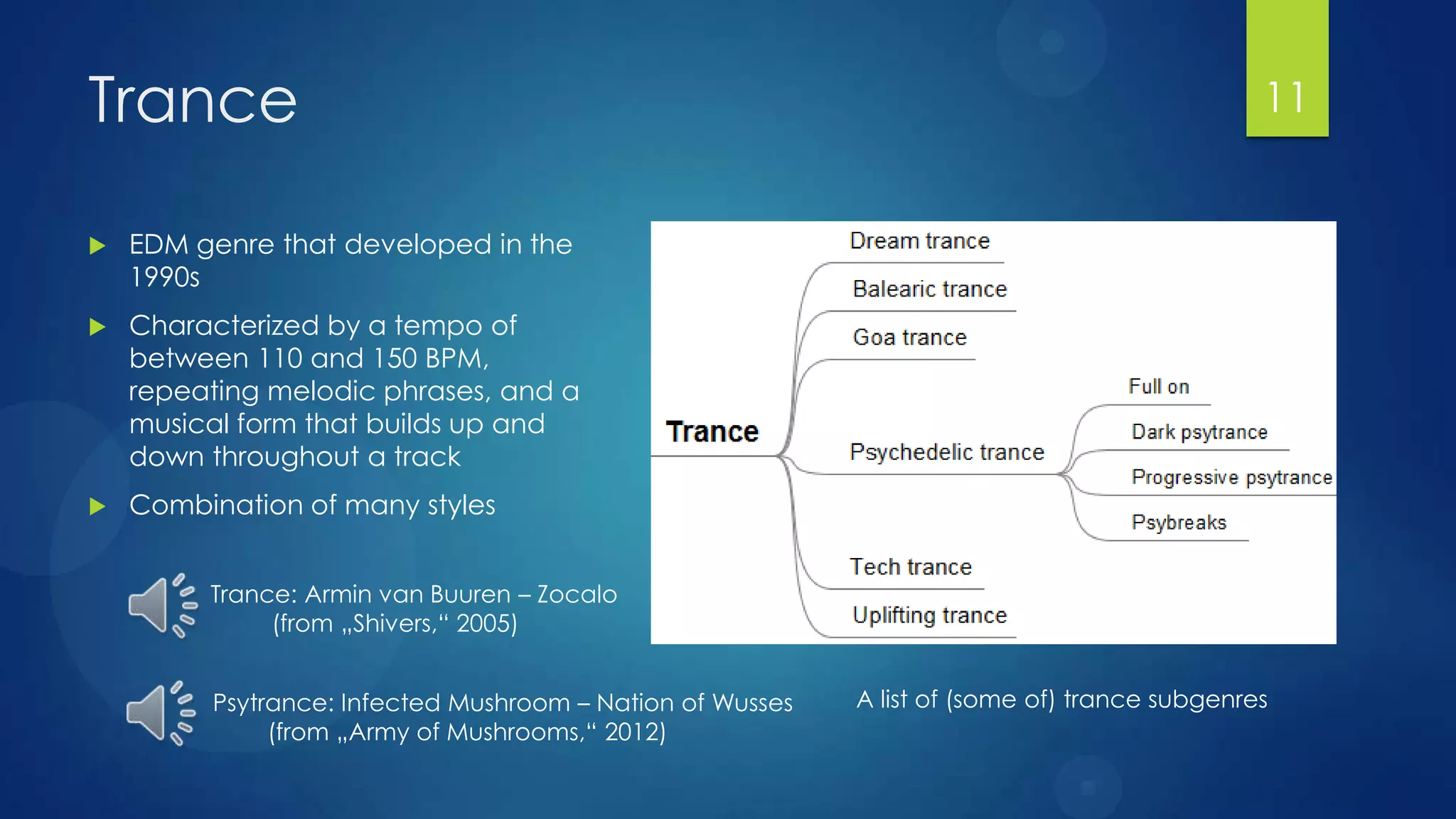 Trance                                                                                        11


   EDM genre that developed in the
    1990s
   Characterized by a tempo of
    between 110 and 150 BPM,
    repeating melodic phrases, and a
    musical form that builds up and
    down throughout a track
   Combination of many styles


         Trance: Armin van Buuren – Zocalo
              (from „Shivers,“ 2005)


         Psytrance: Infected Mushroom – Nation of Wusses   A list of (some of) trance subgenres
              (from „Army of Mushrooms,“ 2012)
 