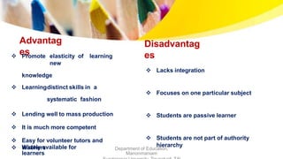 Advantag
es
 Widely available for
learners
Department of Education,
Manonmaniam
 Promote elasticity of learning
new
knowledge
 Learningdistinct skills in a
systematic fashion
 Lending well to mass production
 It is much more competent
 Easy for volunteer tutors and
teachers
Disadvantag
es
 Lacks integration
 Focuses on one particular subject
 Students are passive learner
 Students are not part of authority
hierarchy
 