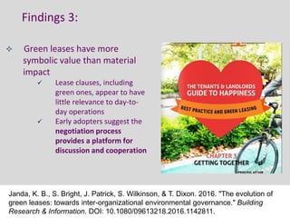 W I
CK
ED
http://www.energy.ox.ac.uk/wicked/
Findings 3:
 Green leases have more
symbolic value than material
impact
 Lease clauses, including
green ones, appear to have
little relevance to day-to-
day operations
 Early adopters suggest the
negotiation process
provides a platform for
discussion and cooperation
14 July 2015Janda, K. B., S. Bright, J. Patrick, S. Wilkinson, & T. Dixon. 2016. "The evolution of
green leases: towards inter-organizational environmental governance." Building
Research & Information. DOI: 10.1080/09613218.2016.1142811.
 