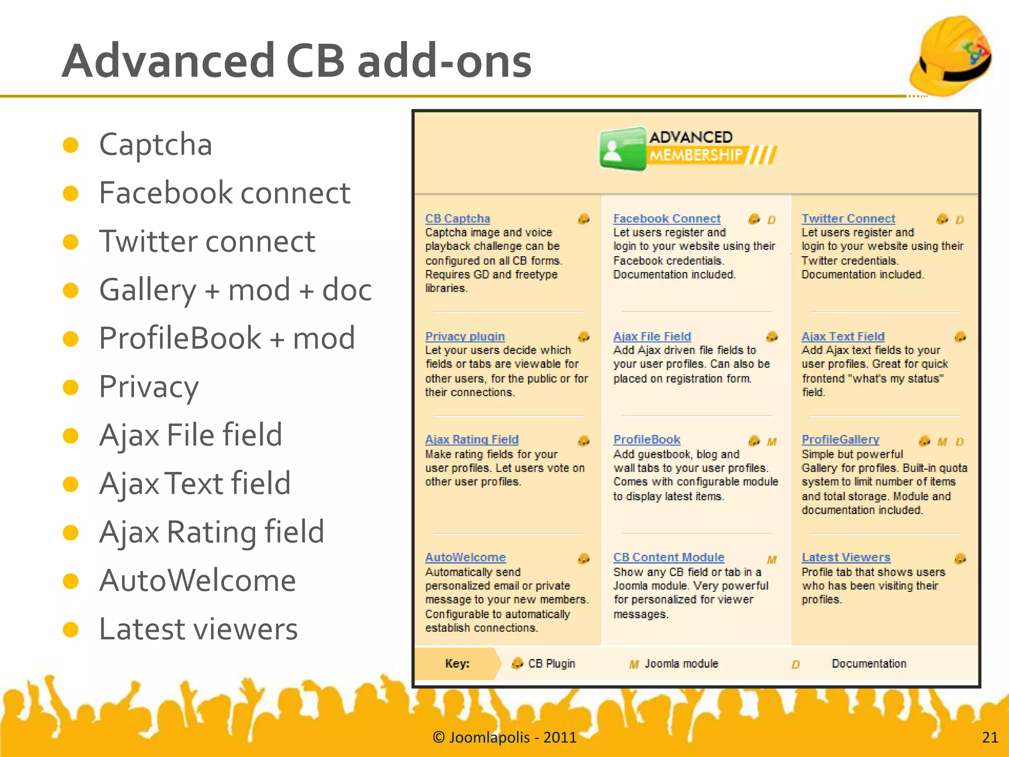 Advanced CB add-ons
 Captcha
 Facebook connect
 Twitter connect
 Gallery + mod + doc
 ProfileBook + mod
 Privacy
 Ajax File field
 Ajax Text field
 Ajax Rating field
 AutoWelcome
 Latest viewers


                        © Joomlapolis - 2011   21
 