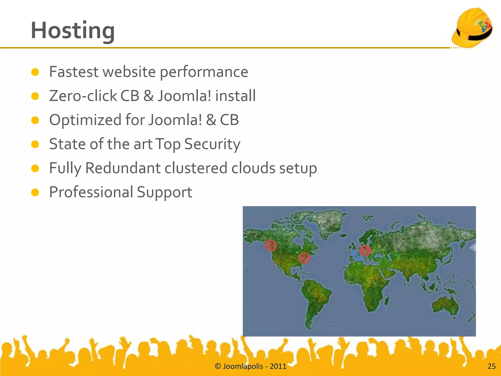Hosting
   Fastest website performance
   Zero-click CB & Joomla! install
   Optimized for Joomla! & CB
   State of the art Top Security
   Fully Redundant clustered clouds setup
   Professional Support


                                        ❸              ❶
                                                  ❷   ❹




                           © Joomlapolis - 2011            25
 