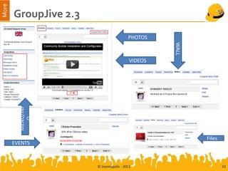 More
       GroupJive 2.3
           Join
                                         PHOTOS
            Edit




                                                   WALL
            Remove
            New                           VIDEOS
           MENU/INF
              O




                                                          Files
       EVENTS



                       © Joomlapolis - 2011                       33
 