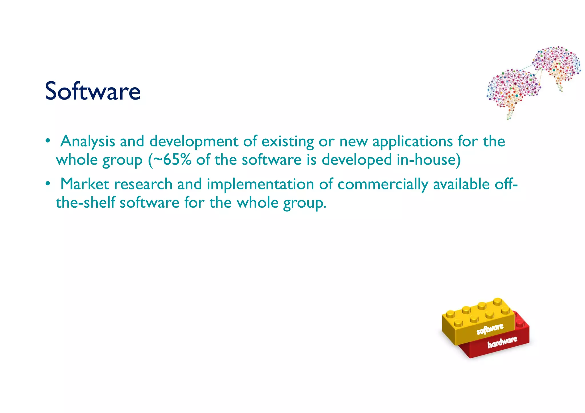 Software
• Analysis and development of existing or new applications for the
whole group (~65% of the software is developed in-house)
• Market research and implementation of commercially available off-
the-shelf software for the whole group.
 
