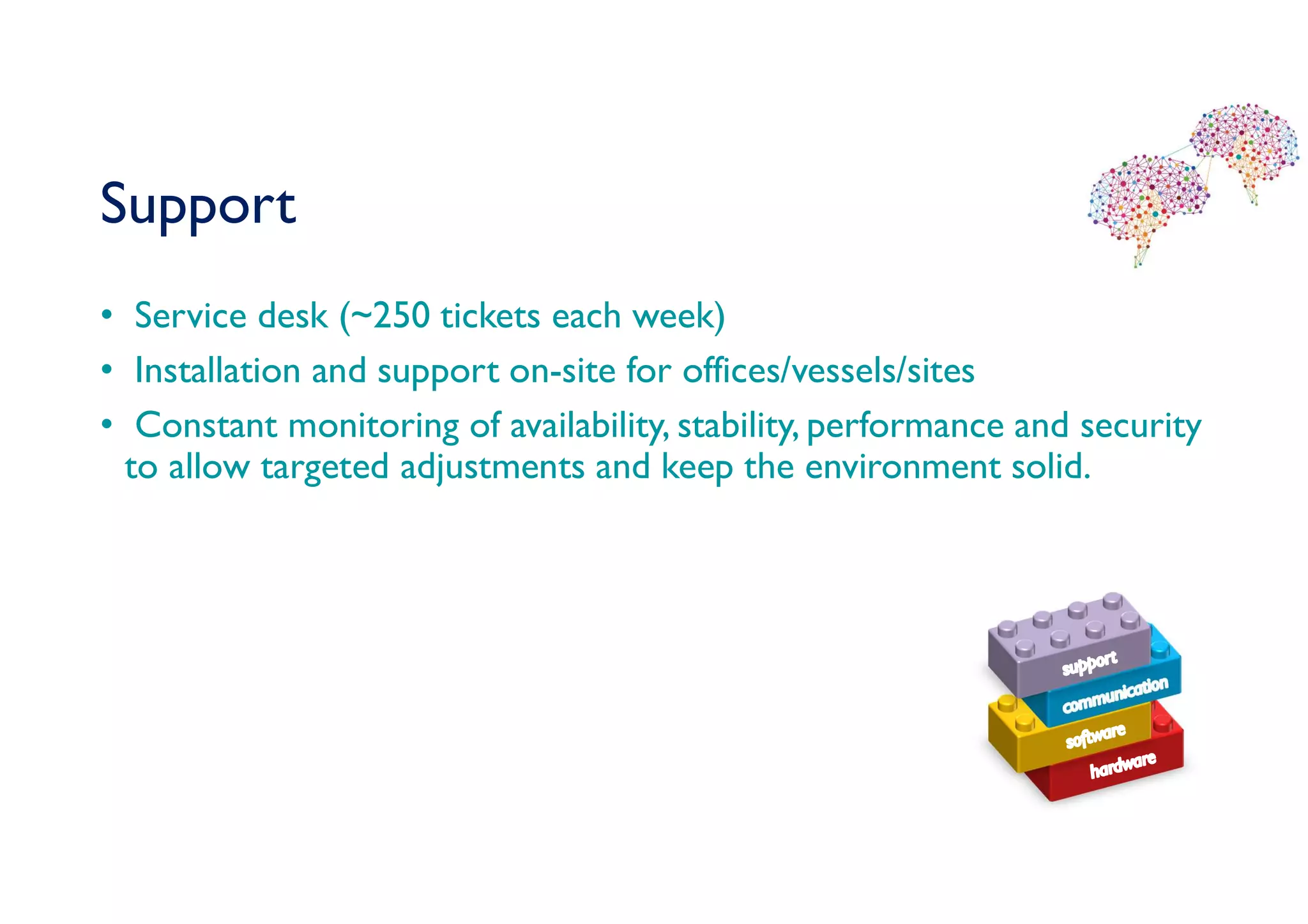 Support
• Service desk (~250 tickets each week)
• Installation and support on-site for offices/vessels/sites
• Constant monitoring of availability, stability, performance and security
to allow targeted adjustments and keep the environment solid.
 