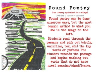 Found Poetry
(the literary equivalent to a collage)
Jennifer L. Anders – LIST4343

Found poetry can be done
numerous ways, but the most
common method is what you
see in the image on the
left.
Students read through the
passage and pick out (circle,
underline, box, etc.) the key
words or phrases. The
student rereads the passage
and begins marking out
words that do not have
great meaning/significance.

 