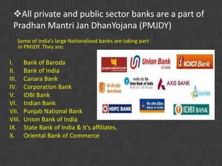 All private and public sector banks are a part of 
Pradhan Mantri Jan DhanYojana (PMJDY) 
Some of India’s large Nationalised banks are taking part 
in PMJDY. They are: 
I. Bank of Baroda 
II. Bank of India 
III. Canara Bank 
IV. Corporation Bank 
V. IDBI Bank 
VI. Indian Bank 
VII. Punjab National Bank 
VIII. Union Bank of India 
IX. State Bank of India & it’s affiliates. 
X. Oriental Bank of Commerce 
 