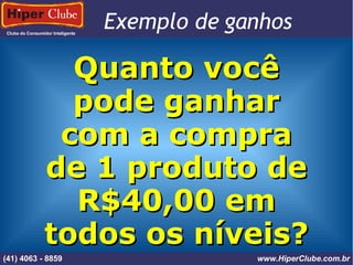 Clube do Consumidor Inteligente Exemplo de ganhos (41) 4101 - 2846 www.HiperClube.com.br Quanto você pode ganhar com a compra de 1 produto de R$40,00 em todos os níveis? (41) 4063 - 8859 www.HiperClube.com.br 
