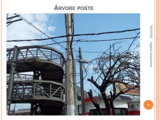 ÁRVORE POSTE
Em nosso passeio encontramos
algumas árvores sendo
utilizadas como postes, com
fios pendurados, ligados
diretamente a rede elétrica,
se algum desses fios estiver
com eletricidade,como a
árvore é um condutor de
eletricidade a pessoa que
estiver próxima poderá tomar
uma descarga elétrica.
18/03/2022
8
Higiene
Ocupacional
 