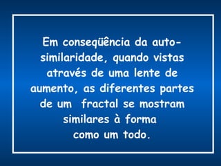 Em conseqüência da auto-similaridade, quando vistas através de uma lente de aumento, as diferentes partes de um  fractal se mostram similares à forma  como um todo. 