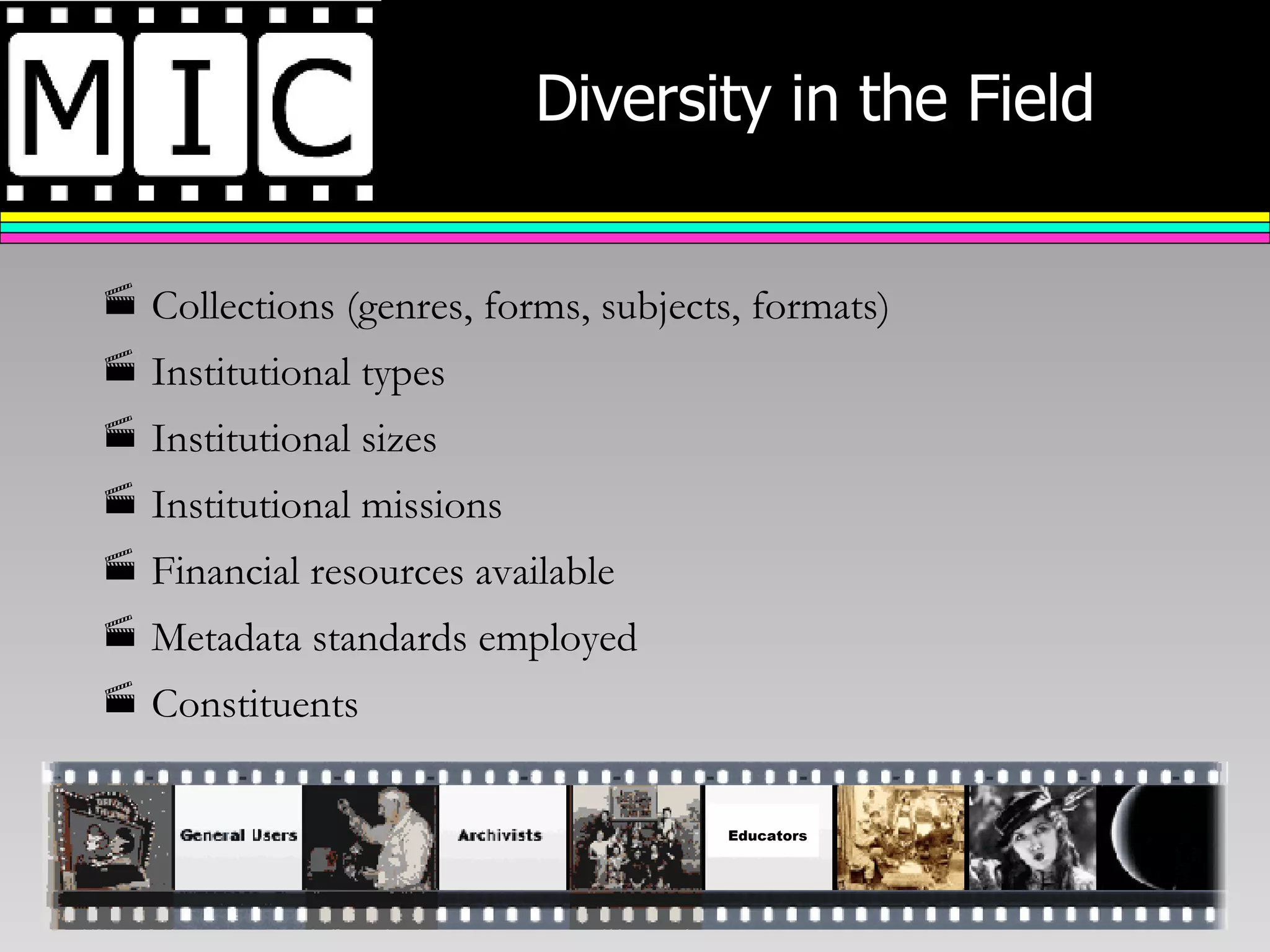 Diversity in the Field Collections (genres, forms, subjects, formats) Institutional types Institutional sizes Institutional missions Financial resources available Metadata standards employed Constituents Educators 