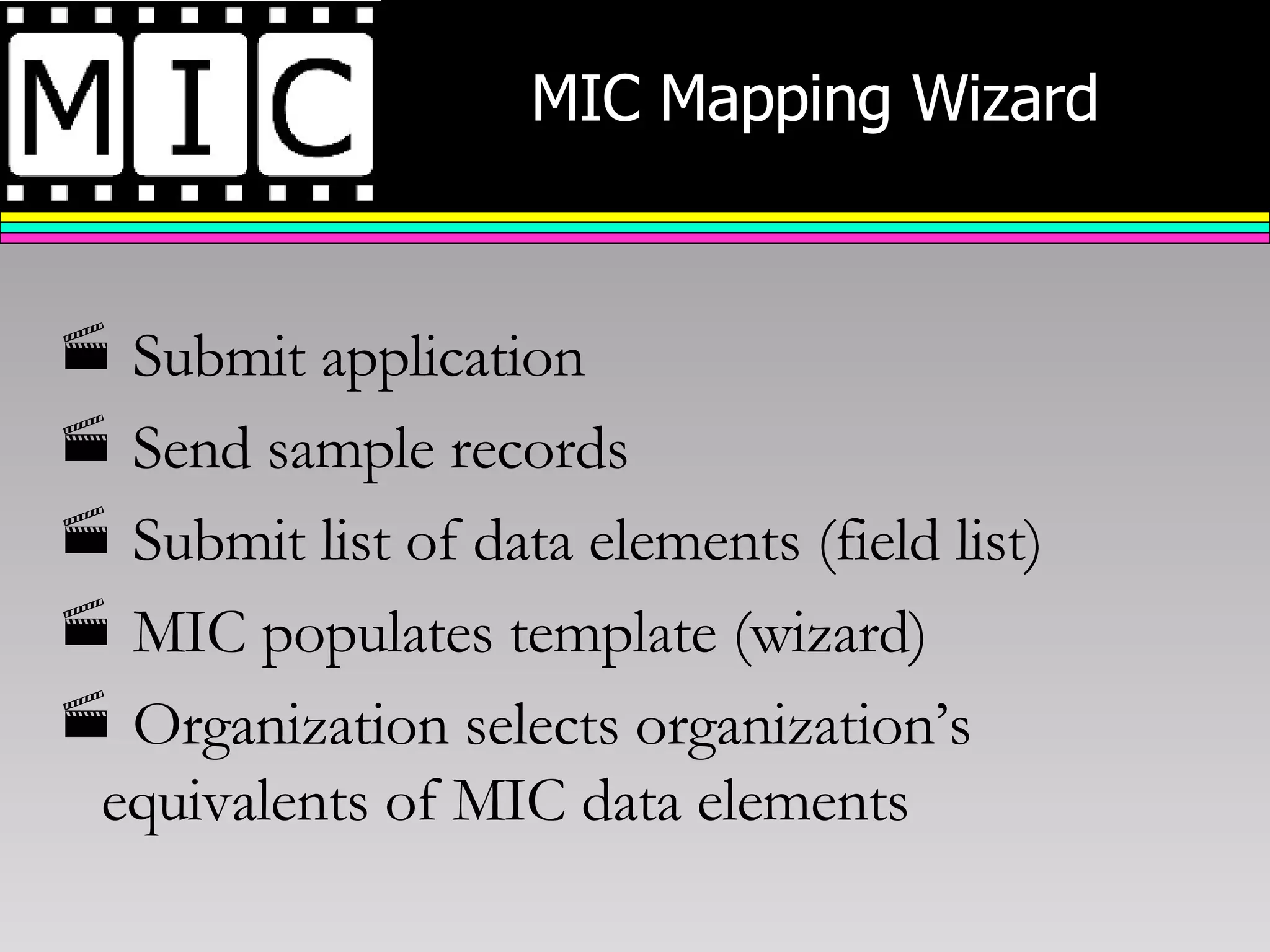 MIC Mapping Wizard Submit application Send sample records Submit list of data elements (field list) MIC populates template (wizard) Organization selects organization’s equivalents of MIC data elements 