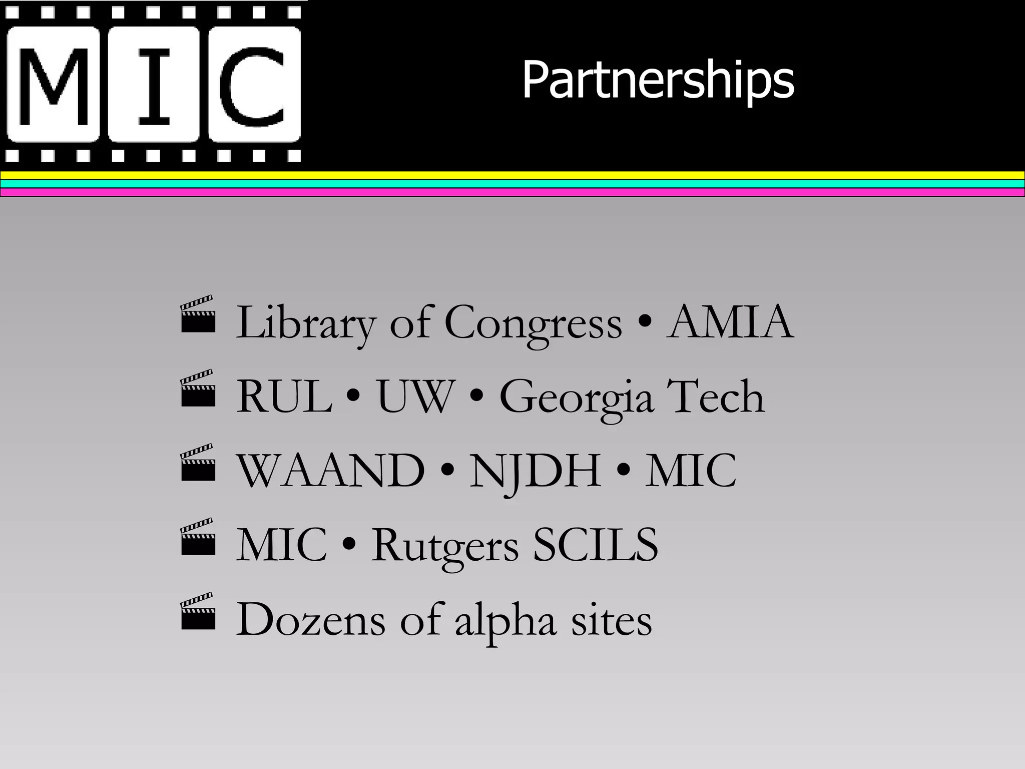 Partnerships Library of Congress • AMIA RUL • UW • Georgia Tech WAAND • NJDH • MIC MIC • Rutgers SCILS Dozens of alpha sites 