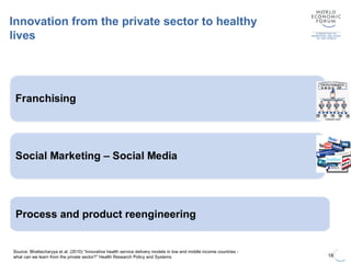 Innovation from the private sector to healthy
lives
18
Source: Bhattacharyya et al. (2010) “Innovative health service delivery models in low and middle income countries -
what can we learn from the private sector?” Health Research Policy and Systems
Process and product reengineering
 