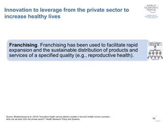 Innovation to leverage from the private sector to
increase healthy lives
19
Source: Bhattacharyya et al. (2010) “Innovative health service delivery models in low and middle income countries -
what can we learn from the private sector?” Health Research Policy and Systems
 