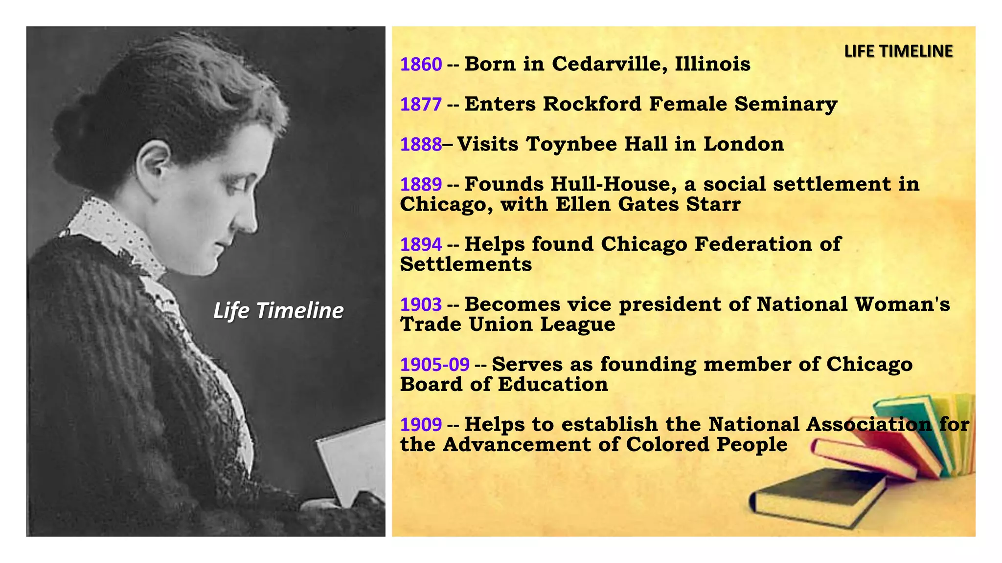 1860 -- Born in Cedarville, Illinois
1877 -- Enters Rockford Female Seminary
1888– Visits Toynbee Hall in London
1889 -- Founds Hull-House, a social settlement in
Chicago, with Ellen Gates Starr
1894 -- Helps found Chicago Federation of
Settlements
1903 -- Becomes vice president of National Woman's
Trade Union League
1905-09 -- Serves as founding member of Chicago
Board of Education
1909 -- Helps to establish the National Association for
the Advancement of Colored People
Life Timeline
LIFE TIMELINE
 
