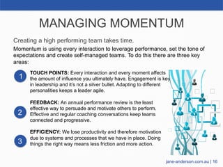 MANAGING MOMENTUM
Creating a high performing team takes time.
Momentum is using every interaction to leverage performance,...