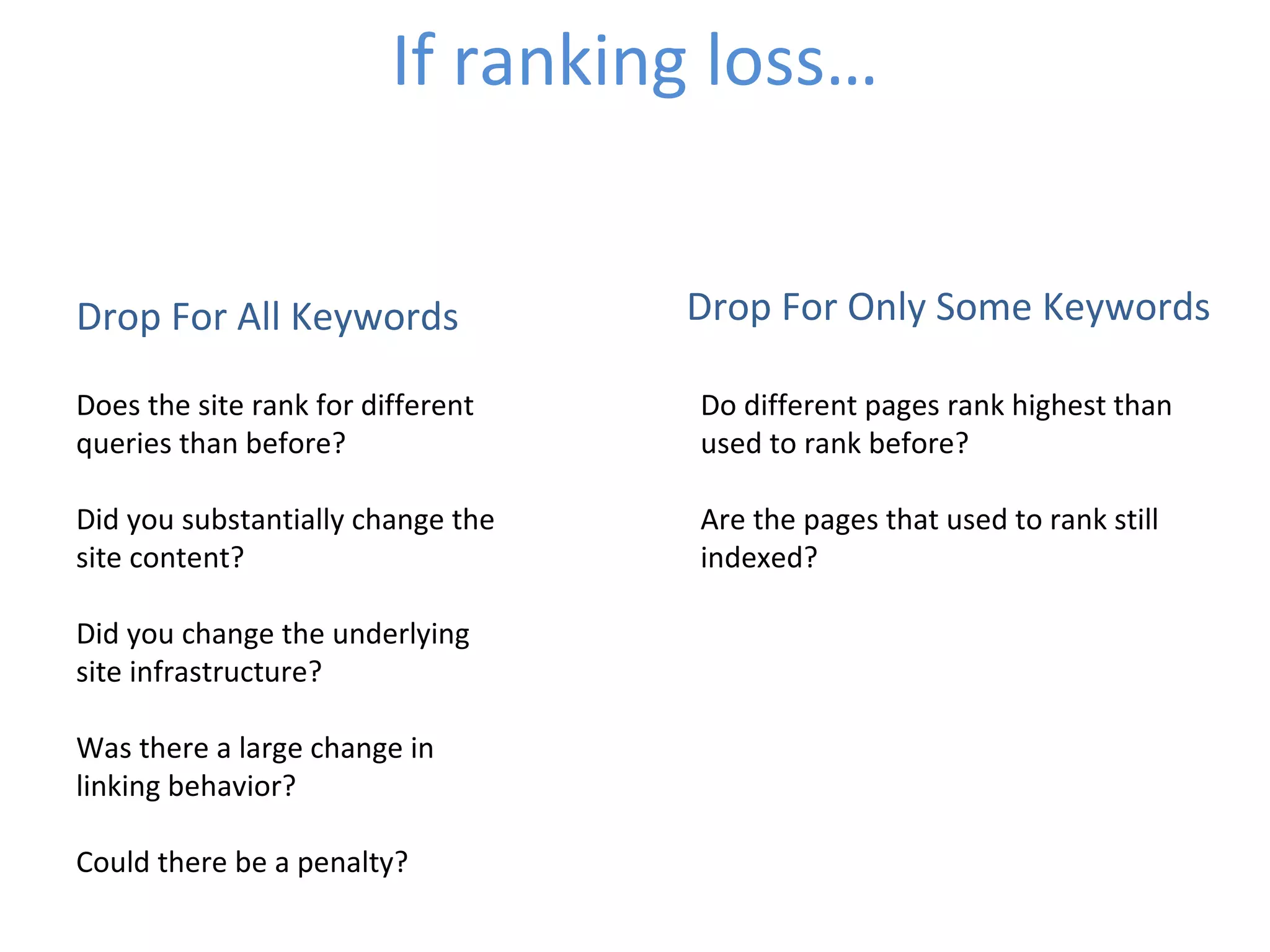 If ranking loss… Drop For All Keywords Does the site rank for different queries than before? Did you substantially change the site content? Did you change the underlying site infrastructure? Was there a large change in linking behavior? Could there be a penalty? Drop For Only Some Keywords Do different pages rank highest than used to rank before? Are the pages that used to rank still indexed? 