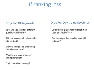 If ranking loss… Drop For All Keywords Does the site rank for different queries than before? Did you substantially change the site content? Did you change the underlying site infrastructure? Was there a large change in linking behavior? Could there be a penalty? Drop For Only Some Keywords Do different pages rank highest than used to rank before? Are the pages that used to rank still indexed? 