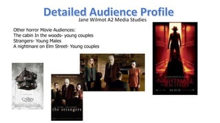 Jane Wilmot A2 Media Studies 
Other horror Movie Audiences: 
The cabin In the woods- young couples 
Strangers- Young Males 
A nightmare on Elm Street- Young couples 
 
