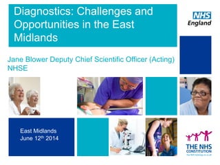 1
Diagnostics: Challenges and
Opportunities in the East
Midlands
Jane Blower Deputy Chief Scientific Officer (Acting)
NHSE
East Midlands
June 12th 2014
 