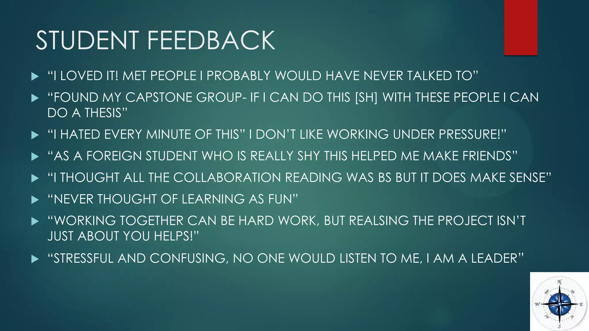 STUDENT FEEDBACK
 “I LOVED IT! MET PEOPLE I PROBABLY WOULD HAVE NEVER TALKED TO”
 “FOUND MY CAPSTONE GROUP- IF I CAN DO THIS [SH] WITH THESE PEOPLE I CAN
DO A THESIS”
 “I HATED EVERY MINUTE OF THIS” I DON’T LIKE WORKING UNDER PRESSURE!”
 “AS A FOREIGN STUDENT WHO IS REALLY SHY THIS HELPED ME MAKE FRIENDS”
 “I THOUGHT ALL THE COLLABORATION READING WAS BS BUT IT DOES MAKE SENSE”
 “NEVER THOUGHT OF LEARNING AS FUN”
 “WORKING TOGETHER CAN BE HARD WORK, BUT REALSING THE PROJECT ISN’T
JUST ABOUT YOU HELPS!”
 “STRESSFUL AND CONFUSING, NO ONE WOULD LISTEN TO ME, I AM A LEADER”
 