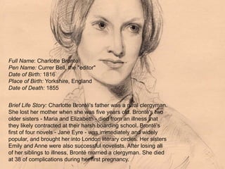 Full Name: Charlotte Brontë
Pen Name: Currer Bell, the "editor"
Date of Birth: 1816
Place of Birth: Yorkshire, England
Date of Death: 1855
Brief Life Story: Charlotte Brontë's father was a rural clergyman.
She lost her mother when she was five years old. Brontë's two
older sisters - Maria and Elizabeth - died from an illness that
they likely contracted at their harsh boarding school. Brontë's
first of four novels - Jane Eyre - was immediately and widely
popular, and brought her into London literary circles. Her sisters
Emily and Anne were also successful novelists. After losing all
of her siblings to illness, Brontë married a clergyman. She died
at 38 of complications during her first pregnancy.
 