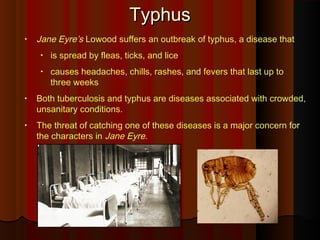TyphusTyphus
• Jane Eyre’s Lowood suffers an outbreak of typhus, a disease that
• is spread by fleas, ticks, and lice
• causes headaches, chills, rashes, and fevers that last up to
three weeks
• Both tuberculosis and typhus are diseases associated with crowded,
unsanitary conditions.
• The threat of catching one of these diseases is a major concern for
the characters in Jane Eyre.
 