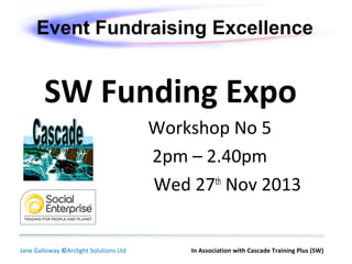 Event Fundraising Excellence

SW Funding Expo
Workshop No 5
2pm – 2.40pm
Wed 27th Nov 2013

Jane Galloway ©Arclight Solutions Ltd

In Association with Cascade Training Plus (SW)

 