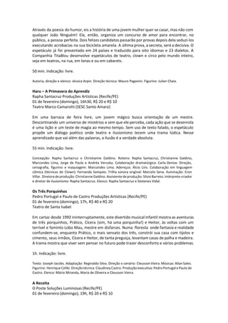 Através da poesia do humor, eis a história de uma jovem mulher quer se casar, mas não com
qualquer João Ninguém! Ela, então, organiza um concurso de amor para encontrar, no
público, a pessoa perfeita. Dois felizes candidatos passarão por provas depois dela seduzi-los
executando acrobacias na sua bicicleta amarela. A última prova, a secreta, será a decisiva. O
espetáculo já foi presentado em 24 países e traduzido para oito idiomas e 23 dialetos. A
Companhia Tita8lou desenvolve espetáculos de teatro, clown e circo pelo mundo inteiro,
seja em teatros, na rua, em lonas e ou em cabarets.
50 min. Indicação: livre.
Autoria, direção e elenco: Jéssica Arpin. Direção técnica: Mauro Paganini. Figurino: Julien Chaix.
Haru – A Primavera do Aprendiz
Rapha Santacruz Produções Artísticas (Recife/PE)
01 de fevereiro (domingo), 16h30, R$ 20 e R$ 10
Teatro Marco Camarotti (SESC Santo Amaro)
Em uma barraca de feira livre, um jovem mágico busca orientação de um mestre.
Descortinando um universo de mistérios e sem que ele perceba, cada ação que se desenrola
é uma lição e um teste de magia ao mesmo tempo. Sem uso de texto falado, o espetáculo
propõe um diálogo poético onde teatro e ilusionismo tecem uma trama lúdica. Nesse
aprendizado que vai além das palavras, a ilusão é a verdade absoluta.
55 min. Indicação: livre.
Concepção: Rapha Santacruz e Christianne Galdino. Roteiro: Rapha Santacruz, Christianne Galdino,
Marcondes Lima, Jorge de Paula e Andréa Veruska. Colaboração dramatúrgica: Carla Denise. Direção,
cenografia, figurino e maquiagem: Marcondes Lima. Adereços: Álcio Lins. Colaboração em linguagem
cômica (técnicas de Clown): Fernando Sampaio. Trilha sonora original: Marcelo Sena. Iluminação: Eron
Villar. Diretora de produção: Christianne Galdino. Assistente de produção: Sílvio Barreto. Intérprete-criador
e diretor de ilusionismo: Rapha Santacruz. Elenco: Rapha Santacruz e Sóstenes Vidal.
Os Três Porquinhos
Pedro Portugal e Paulo de Castro Produções Artísticas (Recife/PE)
01 de fevereiro (domingo), 17h, R$ 40 e R$ 20
Teatro de Santa Isabel
Em cartaz desde 1992 ininterruptamente, este divertido musical infantil mostra as aventuras
de três porquinhos, Prático, Cícera (sim, há uma porquinha!) e Heitor, às voltas com um
terrível e faminto Lobo Mau, mestre em disfarces. Numa floresta onde fantasia e realidade
confundem-se, enquanto Prático, o mais sensato dos três, constrói sua casa com tijolos e
cimento, seus irmãos, Cícera e Heitor, de tanta preguiça, levantam casas de palha e madeira.
A trama mostra que viver sem pensar no futuro pode trazer desconforto e vários problemas.
1h. Indicação: livre.
Texto: Joseph Jacobs. Adaptação: Reginaldo Silva. Direção e cenário: Cleusson Vieira. Músicas: Allan Sales.
Figurino: Henrique Celibi. Direção técnica: Claudiney Castro. Produção executiva: Pedro Portugal e Paulo de
Castro. Elenco: Mário Miranda, Maria de Oliveira e Cleusson Vieira.
 
A Receita
O Poste Soluções Luminosas (Recife/PE)
01 de fevereiro (domingo), 19h, R$ 20 e R$ 10
 