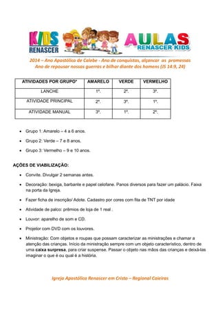 2014 – Ano Apostólico de Calebe - Ano de conquistas, alçancar as promessas
Ano de repousar nossas guerras e bilhar diante dos homens (JS 14:9, 24)
ATIVIDADES POR GRUPO*

AMARELO

VERDE

VERMELHO

LANCHE

1º.

2º.

3º.

ATIVIDADE PRINCIPAL

2º.

3º.

1º.

ATIVIDADE MANUAL

3º.

1º.

2º.

• Grupo 1: Amarelo – 4 a 6 anos.
• Grupo 2: Verde – 7 e 8 anos.
• Grupo 3: Vermelho – 9 e 10 anos.
AÇÕES DE VIABILIZAÇÃO:
• Convite. Divulgar 2 semanas antes.
• Decoração: bexiga, barbante e papel celofane. Panos diversos para fazer um palácio. Faixa
na porta da Igreja.
• Fazer ficha de inscrição/ Adote. Cadastro por cores com fita de TNT por idade
• Atividade de palco: prêmios de loja de 1 real .
• Louvor: aparelho de som e CD.
• Projetor com DVD com os louvores.
• Ministração: Com objetos e roupas que possam caracterizar as ministrações e chamar a
atenção das crianças. Início da ministração sempre com um objeto característico, dentro de
uma caixa surpresa, para criar suspense. Passar o objeto nas mãos das crianças e deixá-las
imaginar o que é ou qual é a história.

Igreja Apostólica Renascer em Cristo – Regional Caieiras

 